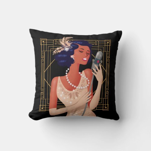 Art Deco Vintage 1920s Girl Singer Frame Black Throw Pillow