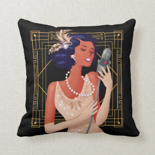 Art Deco Vintage 1920s Girl Singer Frame Black Throw Pillow