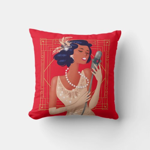 Art Deco Vintage 1920s Girl Singer Frame Red Throw Pillow