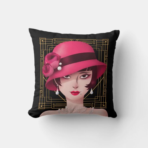 Art Deco Vintage 1920s Lady Gold Frame Black Throw Pillow