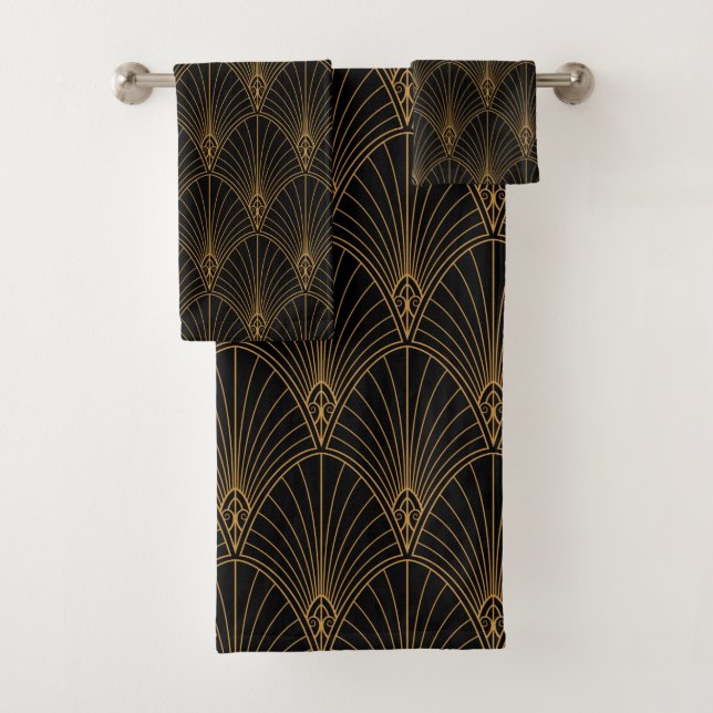 Art Deco Vintage Abstract Geometric Black and Gold Bath Towel Set (Insitu)