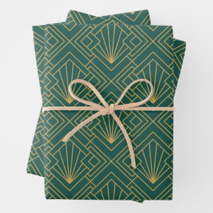 Art Deco Vintage Abstract Geometric Green and Gold Wrapping Paper Sheets