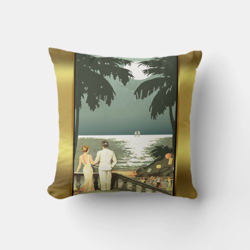 Art Deco Vintage Beach  mint gold Throw Pillow