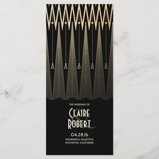 Art Deco Vintage Black and Gold Wedding Programs (Front)