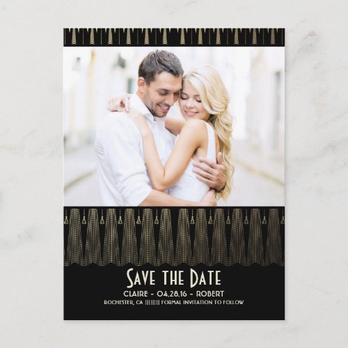 Art Deco Vintage Black Gold Photo Save the Date Announcement Postcard