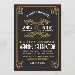 Art Deco Vintage Black & Gold Wedding Invitations