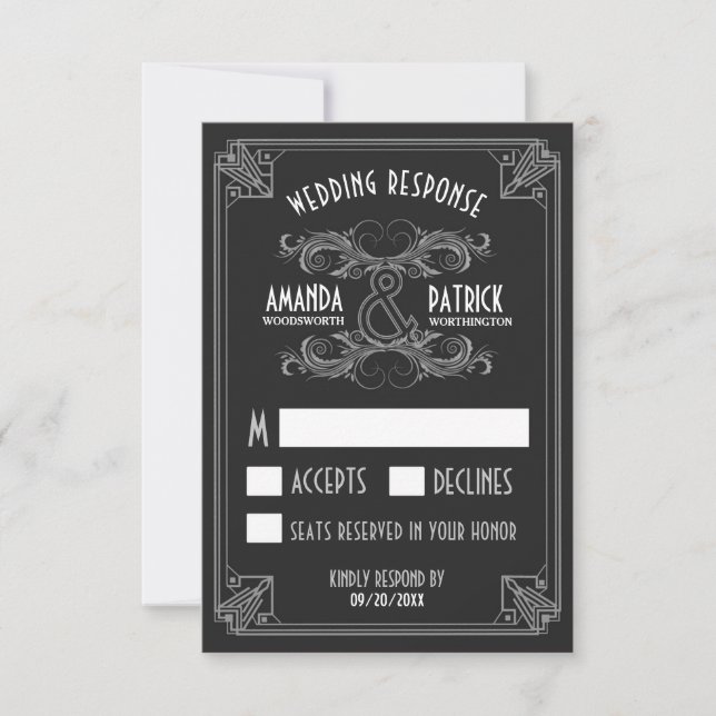 Art Deco Vintage Black & Silver Wedding RSVP Cards (Front)