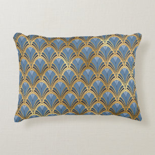 Art Deco Vintage Floral Fan Pattern Blue Gold Accent Pillow