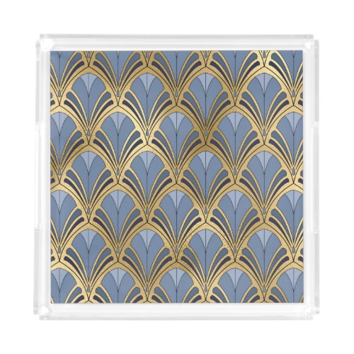 Art Deco Vintage Floral Fan Pattern Blue Gold Acrylic Tray
