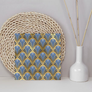 Art Deco Vintage Floral Fan Pattern Blue Gold Ceramic Tile