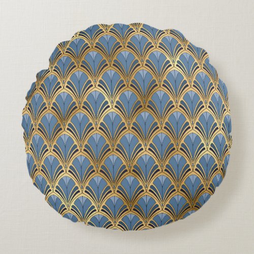 Art Deco Vintage Floral Fan Pattern Blue Gold Round Pillow
