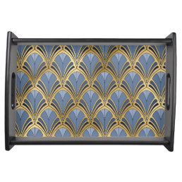 Art Deco Vintage Floral Fan Pattern Blue Gold Serving Tray