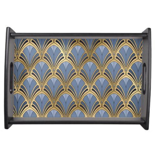 Art Deco Vintage Floral Fan Pattern Blue Gold Serving Tray