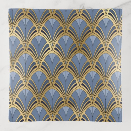 Art Deco Vintage Floral Fan Pattern Blue Gold Trinket Tray