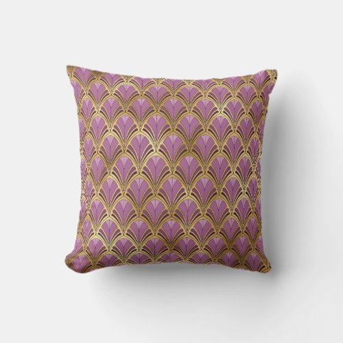 Art Deco Vintage Floral Fan Pattern Purple Gold Throw Pillow