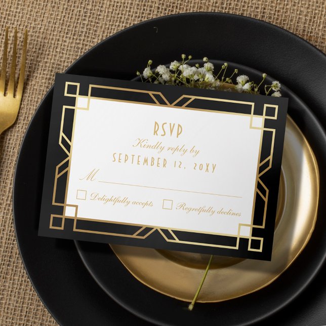Art Deco Vintage Gold Black Frame RSVP Card (Creator Uploaded)