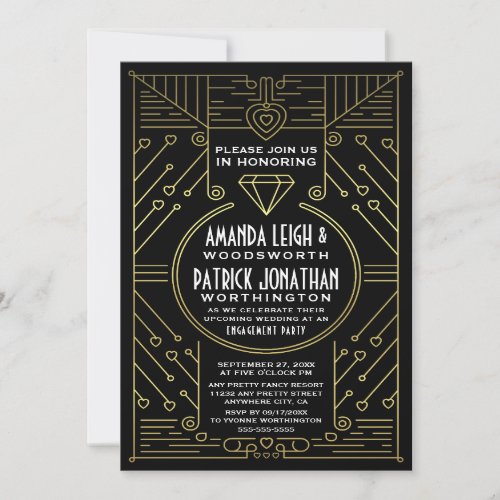 Art Deco Vintage Gold Engagement Party Invitations