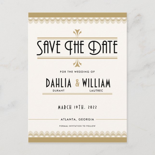 Art Deco Vintage Ivory Gold Save the Date Announcement Postcard (Front)