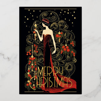 Art Deco Vintage Lady & Xmas Tree Merry Christmas Foil Holiday Card