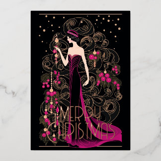 Art Deco Vintage Lady & Xmas Tree Merry Christmas Foil Holiday Card