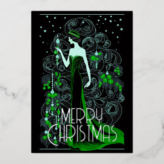 Art Deco Vintage Lady & Xmas Tree Merry Christmas Foil Holiday Card