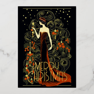 Art Deco Vintage Lady & Xmas Tree Merry Christmas Foil Holiday Card