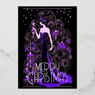 Art Deco Vintage Lady & Xmas Tree Merry Christmas Foil Holiday Card