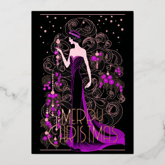 Art Deco Vintage Lady & Xmas Tree Merry Christmas Foil Holiday Card