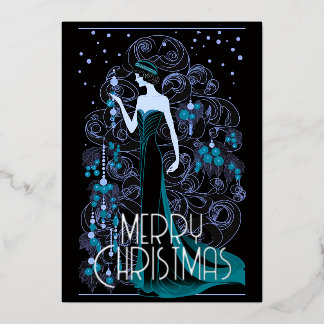 Art Deco Vintage Lady & Xmas Tree Merry Christmas Foil Holiday Card