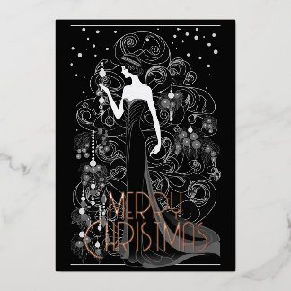 Art Deco Vintage Lady & Xmas Tree Merry Christmas Foil Holiday Card