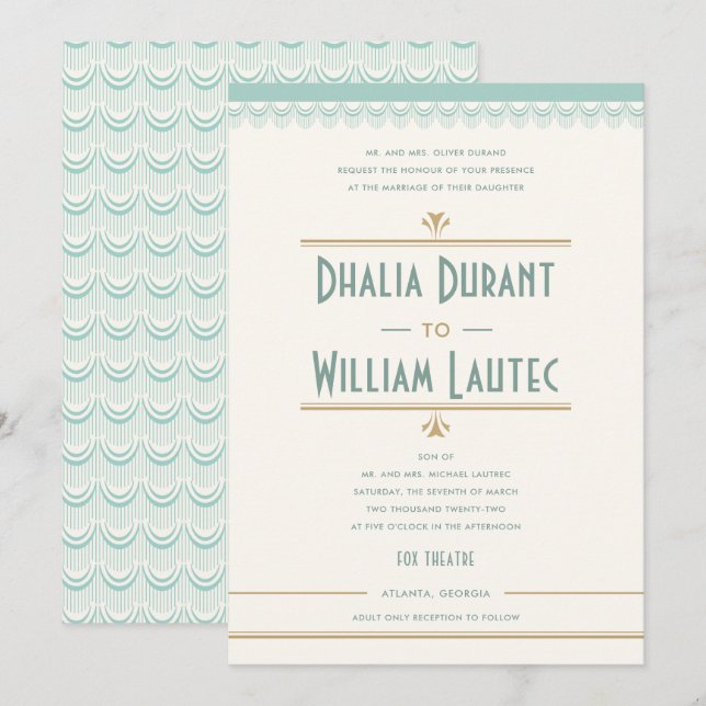 Art Deco Vintage Mint and Gold Wedding Invitation (Front/Back)