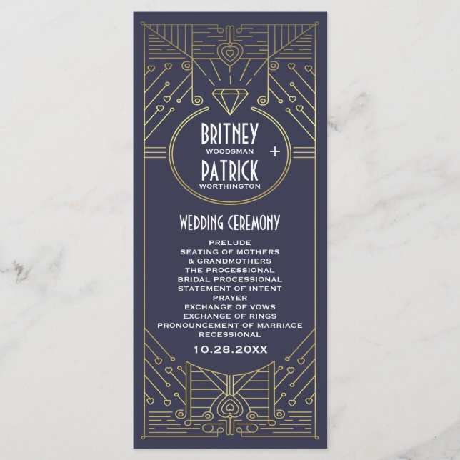 Art Deco Vintage Navy and Gold Wedding Programs (Front)