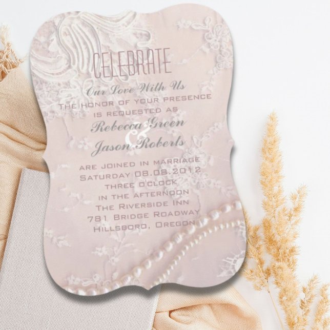 Art Deco vintage pearl lace blush pink wedding Invitation (Art Deco vintage pearl lace blush pink wedding Invitation)