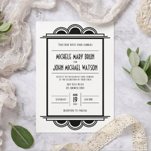 Art Deco Vintage Retro Black Frame White Wedding Invitation