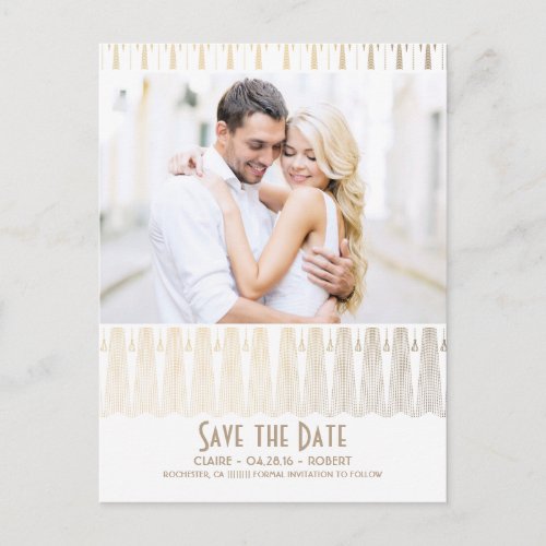 Art Deco Vintage White Gold Photo Save the Date Announcement Postcard - White and gold vintage art deco photo save the date postcards