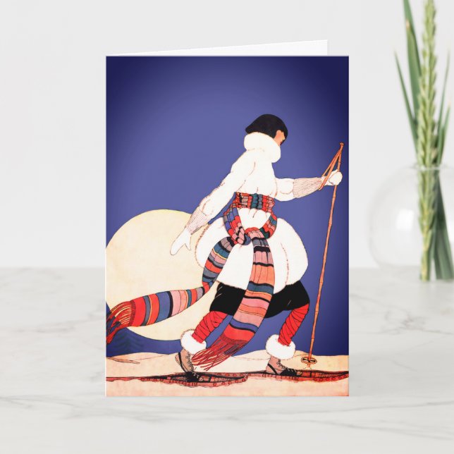 Art Deco Vintage Woman Snowshoeing  Card (Front)