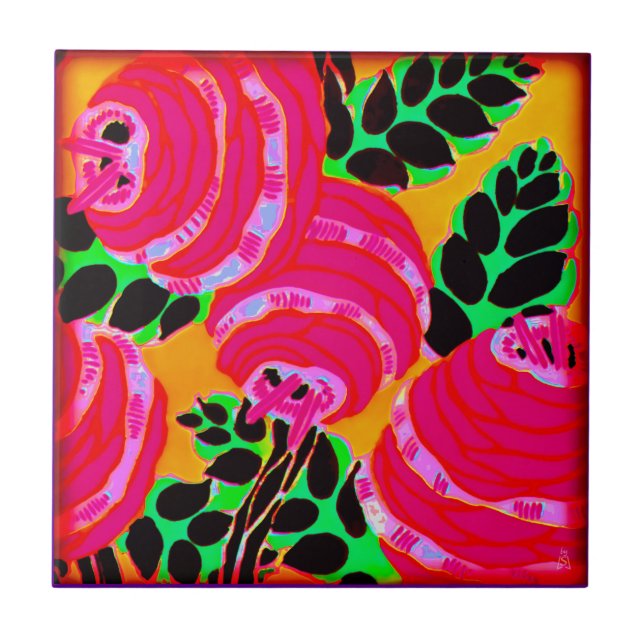Art Deco Wallflowers - Hot Pink+ Ceramic Tile (Front)