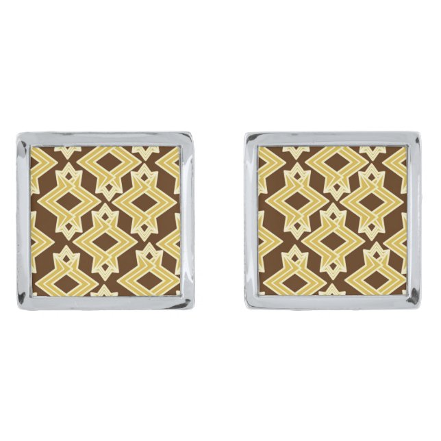 Art Deco Wallpaper Pattern, Brown and Gold Cufflinks (Front)