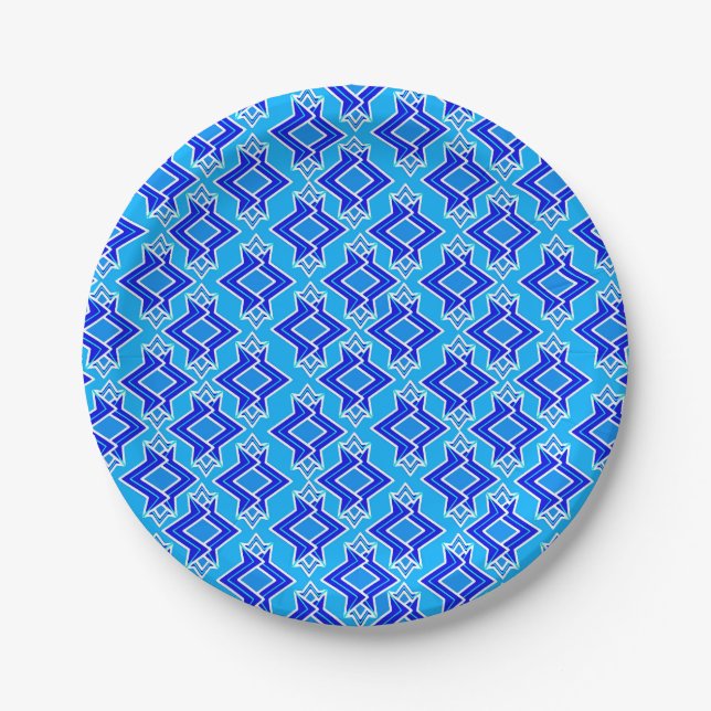 Art Deco Wallpaper Pattern, Cerulean Blue Paper Plates (Front)