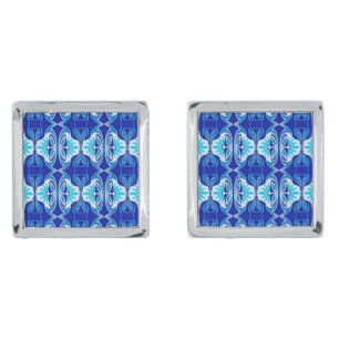 Art Deco wallpaper pattern - cobalt blue and white Cufflinks