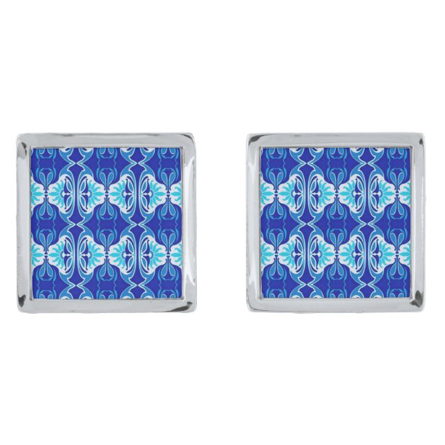 Art Deco wallpaper pattern - cobalt blue and white Cufflinks (Front)