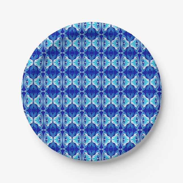 Art Deco wallpaper pattern - cobalt blue and white Paper Plates (Front)