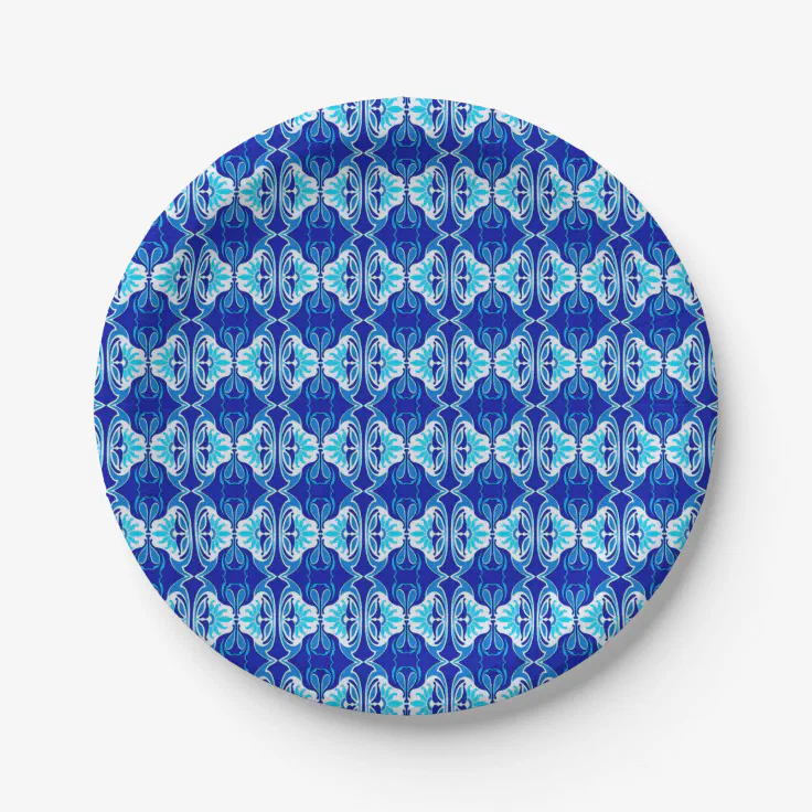 Art Deco wallpaper pattern cobalt blue and white Paper Plates Zazzle