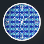 Art Deco wallpaper pattern - cobalt blue and white Wall Clock<br><div class="desc">A vintage,  Art Deco wallpaper / tiled pattern - shades of turquoise,  white and teal,  with a solid cobalt blue background</div>