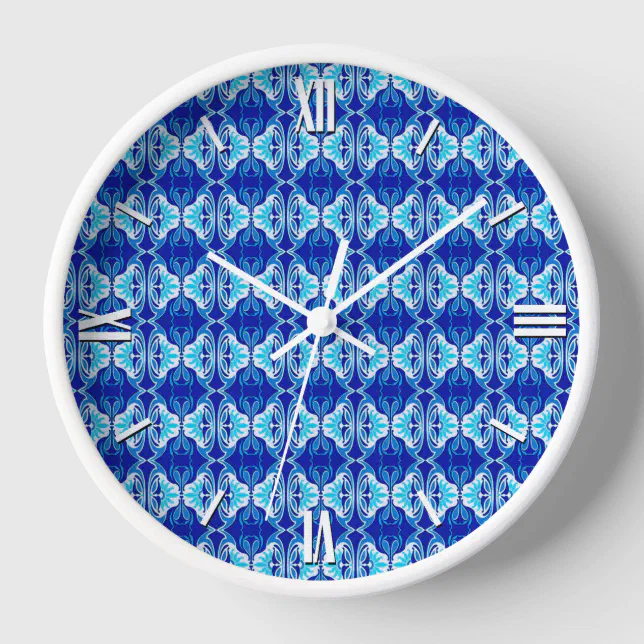Art Deco wallpaper pattern cobalt blue and white Wall Clock Zazzle