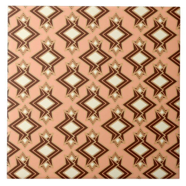 Art Deco Wallpaper Pattern, Coral and Brown Ceramic Tile (Front)
