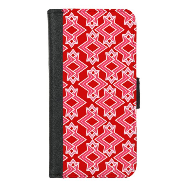 Art Deco Wallpaper Pattern, Dark Red and Pink iPhone Wallet Case (Front)