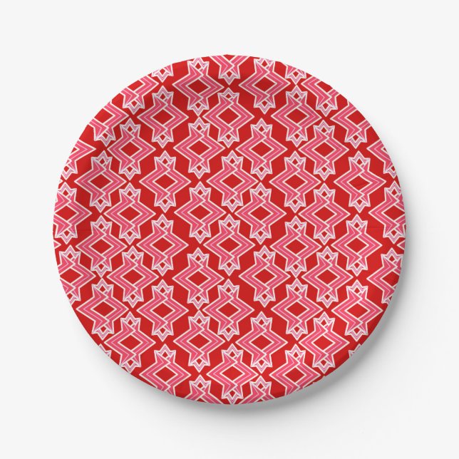 Art Deco Wallpaper Pattern, Dark Red and Pink Paper Plates (Front)