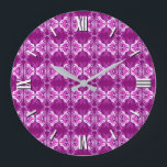 Art Deco wallpaper pattern - deep purple and white Large Clock<br><div class="desc">A vintage,  Art Deco wallpaper / tiled pattern - shades of plum,  white and violet,  with a solid deep purple / aubergnine / eggplant background</div>