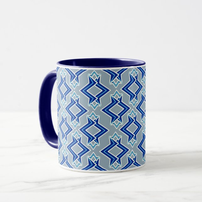Art Deco Wallpaper Pattern, Gray / Grey and Blue Mug (Front Left)